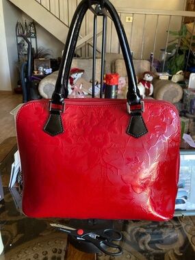 Red Patent Floral Dome Satchel with Black Handles Women Bags Satchels